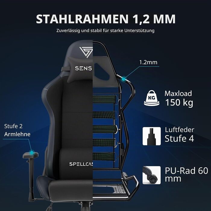 Ергономічне офісне крісло SENSE7 з 1D-підлокітниками, нахилом спинки 160° та функцією гойдання, чорна дихаюча тканина HDF