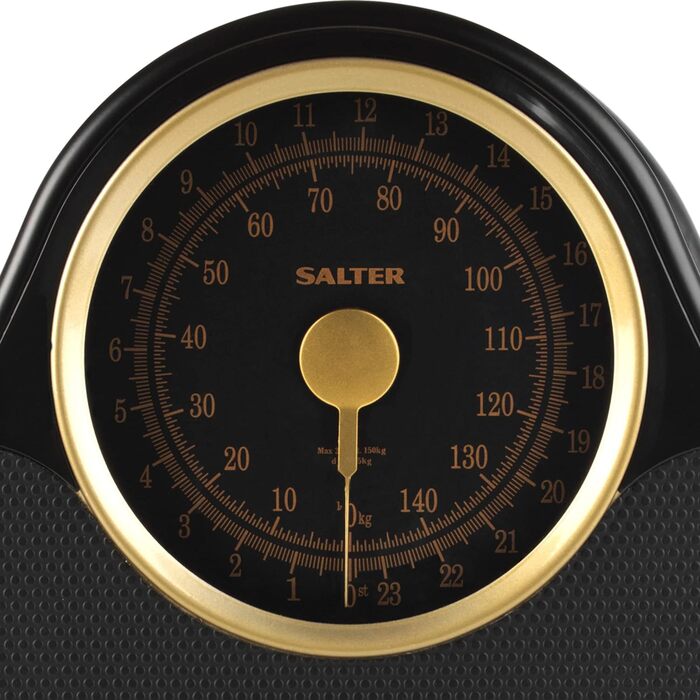 Механічна вага Salter 145 GFEU16 для зважування тіла, до 150 кг, з рельєфною нековзкою поверхнею, без батарейок, чорна/золота