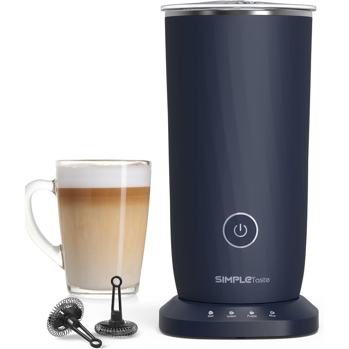 Електричний спінювач молока SIMPLETASTE 4-в-1: гарячий та холодний спінений молочний напій, підігрів молока, приготування какао, антипригарне покриття, автоматичне вимкнення, тиха робота, без BPA, для капучино та лате, темно-синій, з додатковою насадкою
