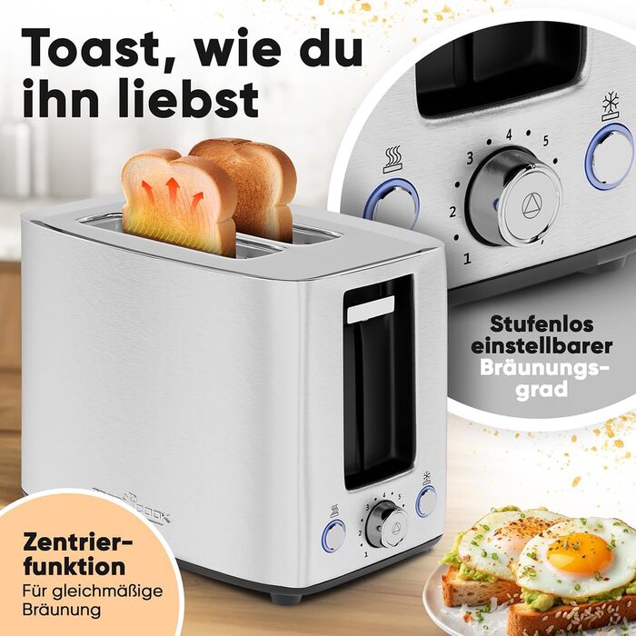 Тостер ProfiCook Edelstahl PC-TA 1279 сріблястий - 2 слоти, для бутербродів, вафель та булочок, з насадкою для булочок, нержавіюча сталь