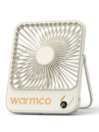Вентилятор акумуляторний Warmco 10000mAh 21 см, портативний, до 24 год, тихий, з дисплеєм для кемпінгу, офісу, спальні, подорожей (білий)