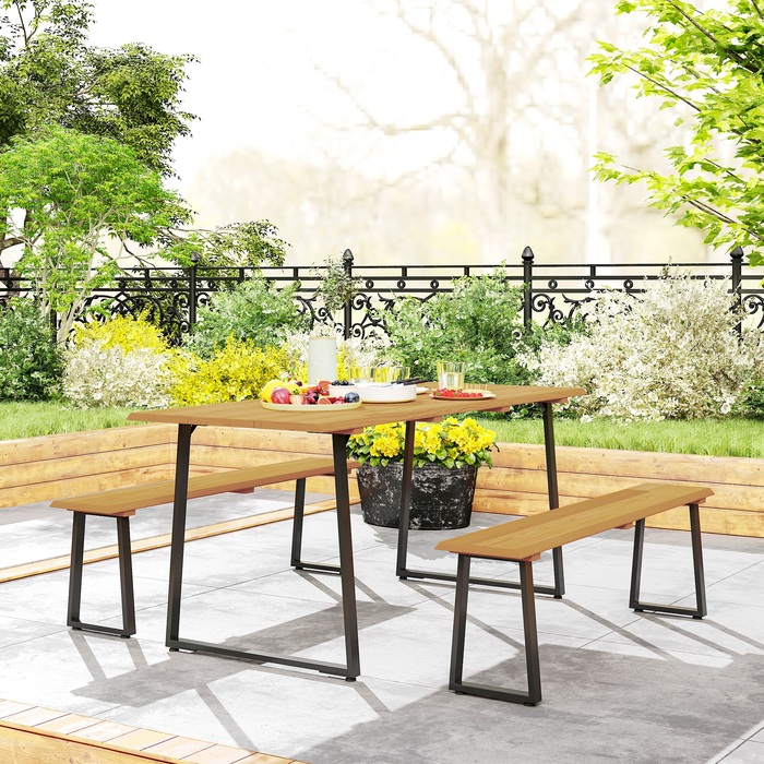 Outsunny Seating Group Дерев'яний обідній набір з 3 предметів на 6 персон Обідній стіл з 2 лавками Парасолька Отвір Обідній набір з дерев'яним столом Набір кухонних столів Балконні меблі Садові меблі для тераси, балкон Натуральне дерево