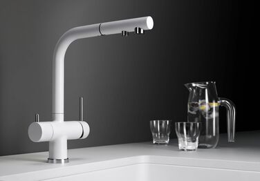 Змішувач кухонний BLANCO Fontas-S II з фільтром Silgranit, висувний шланг, захист від зворотного потоку, економія води, білий м'який