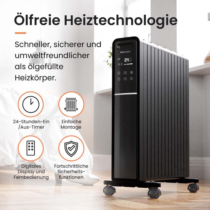 Електричний радіатор Pro Breeze 2000 Вт, безмасляний, з термостатом, таймером, дистанційним керуванням, захистом від перегріву, 3 режими обігріву, енергоощадний, чорний