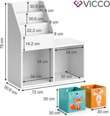 Дитяча книжкова полиця Vicco Luigi, біла, 72x79 см, з 2 складними коробами, малюнок Лисиця/Заєць