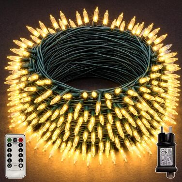 Світлодіодна гірлянда для вулиці 25м, 500 LED, теплий білий колір, IP44 вологозахищена, з пультом, таймером та 8 режимами роботи, зелений кабель для саду та тераси