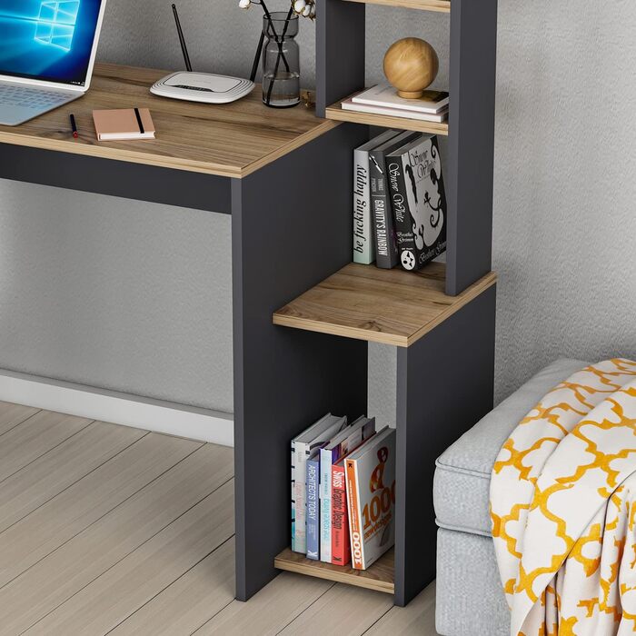 Комп'ютерний стіл HOMIDEA Olivia з полицями 114x45x139 см, антрацит, для офісу, вітальні або дитячої кімнати