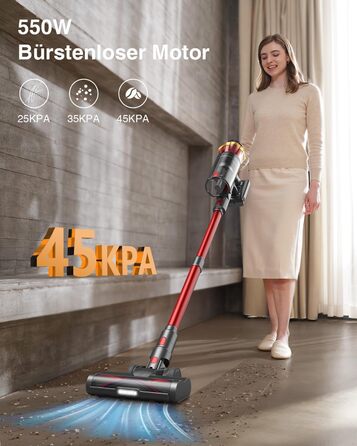 Бездротовий акумуляторний пилосос 45000Pa/550W/65хв, об'єм 1,6л з дисплеєм, антизаплутана щітка, самостійна підставка, док-станція на стіну, 8-шарова фільтрація, тиха робота, для шерсті тварин/килимів/твердих поверхонь/автомобіля (Червоний)
