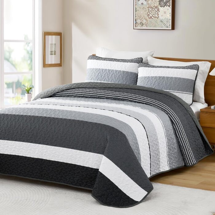 Покривало WONGS BEDDING 220x240 см синє, стьобане, мікрофібра, комплект 3 предмети (покривало + 2 наволочки 50x75) для двоспального ліжка, для спальні або дивана