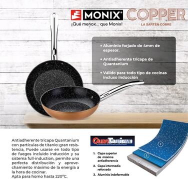 Набір сковорідок MONIX Copper з кованого алюмінію з антипригарним покриттям і титановими частинками, мідний ефект, для всіх типів плит, включаючи індукцію, 20/24/28 см