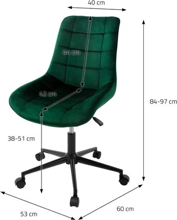 Ергономічне офісне крісло ML-Design, зелений оксамит, металевий каркас, регулювання висоти, 360° обертання, з підлокітниками, для дому та офісу