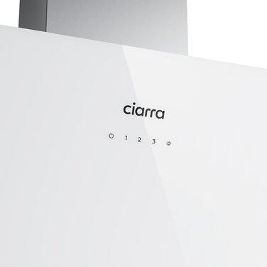 Похила витяжка для кухні CIARRA CBCS6765C 60 см, сталь та скло, білий/сріблястий, 580 м³/год, з вугільним фільтром CBCF055, сенсорне керування, настінний монтаж, клас A+