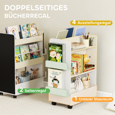 Дитяча полиця для книжок Kinder з 4 полицями, нижньою секцією, 2 бічними панелями, дощечкою для малювання, колесами, для дітей 3–8 років, 66,5 x 32,5 x 86,5 см, білий