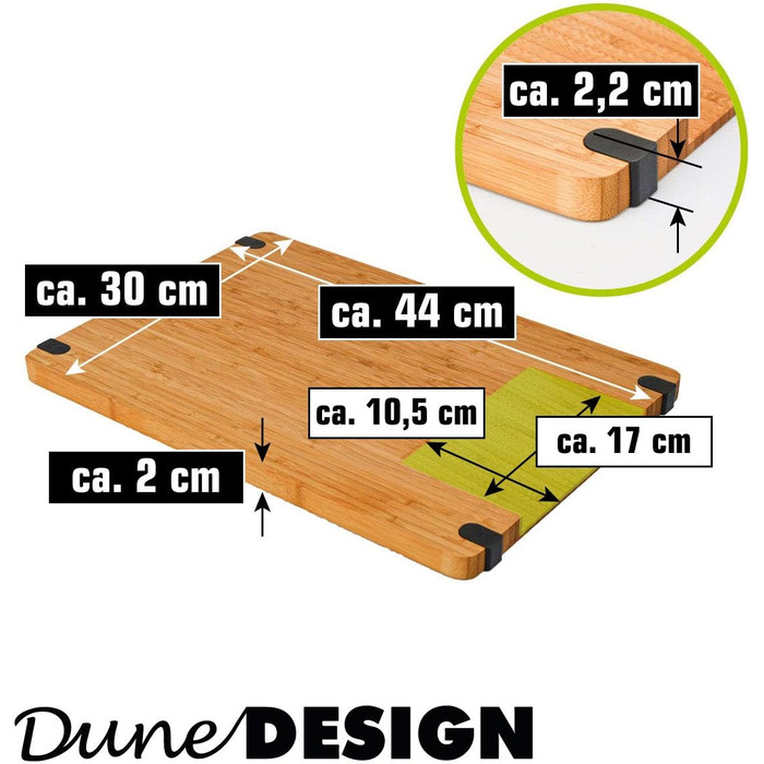 Обробна дошка DuneDesign 44x30x2 см з бамбука — масивна, 100% нековзка, для кухні, м'яса, овочів, дерев'яна дошка для нарізання