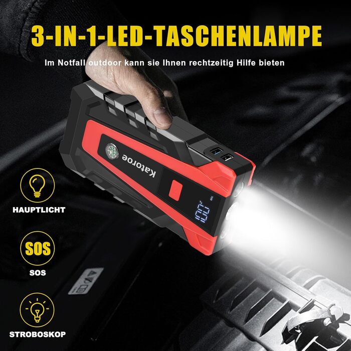 Powerbank Starthilfe 4000A: Зарядний пристрій для автомобіля, SUV та мотоцикла з LED ліхтариком. Підходить для бензинових двигунів до 9.0L та дизельних до 7.0L.