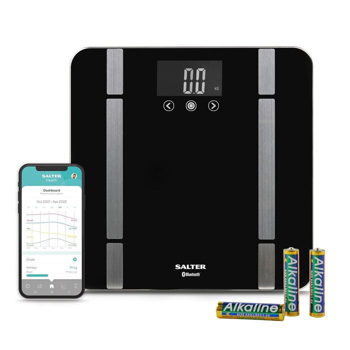 Bluetooth-вага для ванної Salter SA00432FEU6, до 200 кг, чорна, з пам’яттю на 8 користувачів, сумісна з додатком Salter Health, для контролю ваги та фітнесу