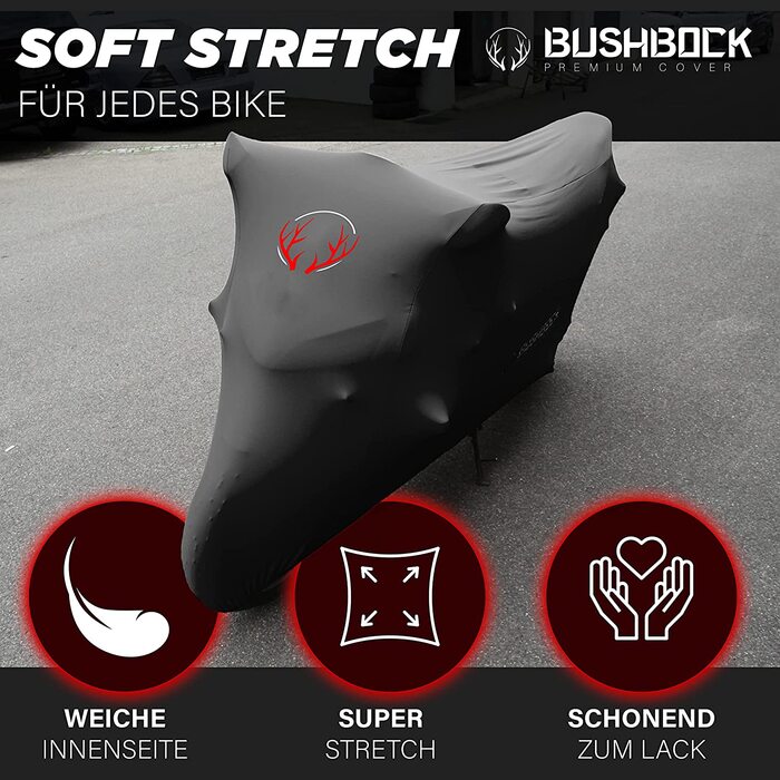 Преміум чохол для мотоцикла в приміщенні BUSHBOCK® — еластичний пилозахисний покривал з дихаючого оксамитового стрейч-тканини, розмір M-L, чорний