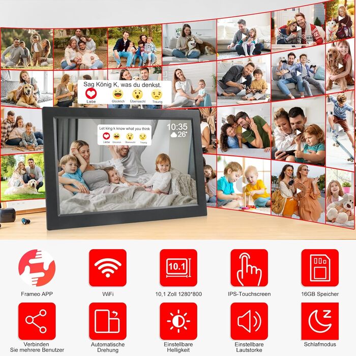 Цифрова фоторамка FRAMEO 10,1 дюйма з Wi-Fi, 1280 x 800 HD IPS LCD сенсорний екран Smart Cloud Photo Frameo з 16 ГБ пам'яті