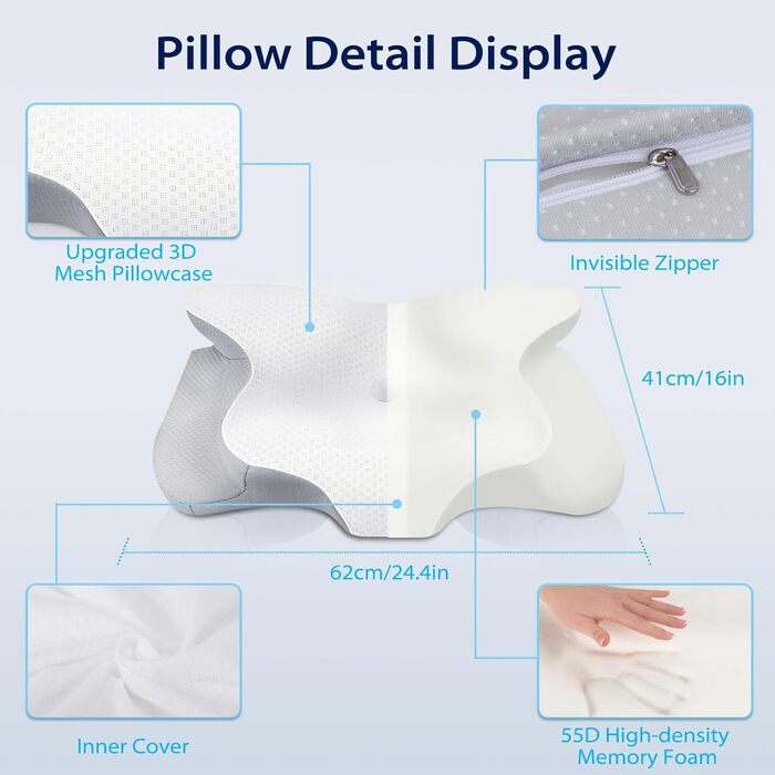 Подушка для шиї та голови HOMCA з Memory Foam, ергономічна, 3D охолодження, 62x41x11/13 см, сіра