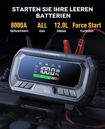 Бустерний пускач YaberAuto з компресором 160 PSI, 8000A Powerbank для авто (бензин та дизель до 12.0L), PD 65W, ліхтарик 600 лмен та LCD-дисплей