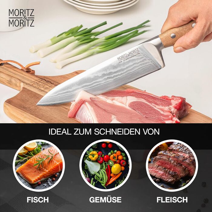 Ніж кухарський Moritz & Moritz Damastmesser 20 см - професійний ніж з дамаської сталі 67 шарів - кухонний ніж з ергономічною ручкою з акації