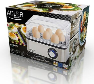Електрична яйцеварка ADLER EUROPE AD-4486, 1-8 яєць, 500 Вт, нержавіюча сталь, автоматичне вимкнення, захист від перегріву, срібляста
