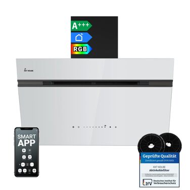 Витяжка для кухні KKT Kolbe Aurora 6005FB 80 см, чорна з білим склом, потужність 782 м³/год, Smart WiFi, RGBW LED-підсвітка, сенсорне керування, режим рециркуляції та відведення