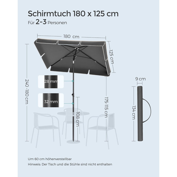 Парасолька від сонця SONGMICS 180 x 125 см для балкона та тераси, захист UPF 50+, регульована висота та нахил 30°, сіра, без стійки, GPU180G01