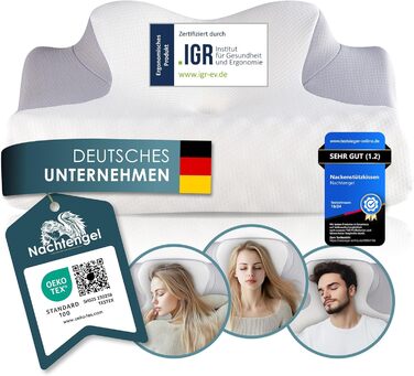 Ортопедична подушка Nachtengel – ергономічна подушка для шиї з Memory Foam, проти хропіння, підтримка шиї для тих, хто спить на спині, животі та боці, біла та сіра