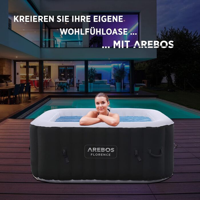 Надувний SPA басейн Arebos 154x154 см, 4 особи, 100 гідромасажних форсунок, для дому та вулиці, квадратний, 600 л, з підігрівом