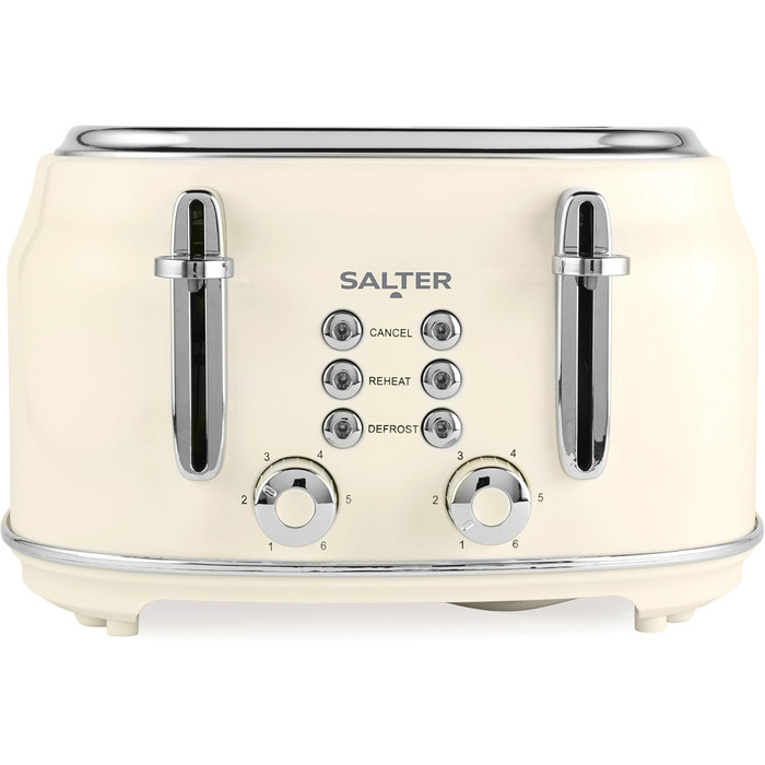 Тостер Salter Retro на 4 скибки, широкі слоти, 6 режимів підсмажування, функції розморожування, підігріву, скасування, знімний піддон для крихт, самовирівнювання, 1630 Вт, кремовий, EK5739CRMVDE