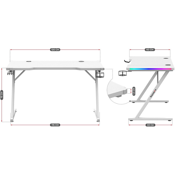Геймерський стіл Huzaro Hero 2.5 120x60 см, RGB LED підсвітка, USB, тримачі для напоїв і навушників, карбонова стільниця, чорний