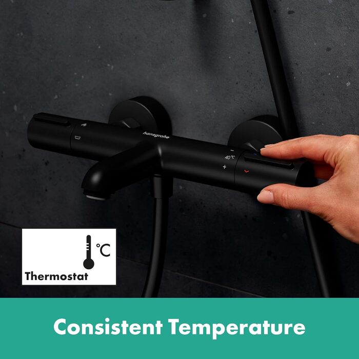 Змішувач для ванни Hansgrohe Ecostat Element накладний, з термостатом та блокуванням безпеки 40°C, для 2 споживачів (13347000), матовий чорний