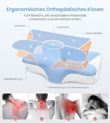 Ортопедична подушка з піни Memory Foam 2-в-1 для сну на боці, спині та животі, 60x41.5x10/12 см (Біло-синя)