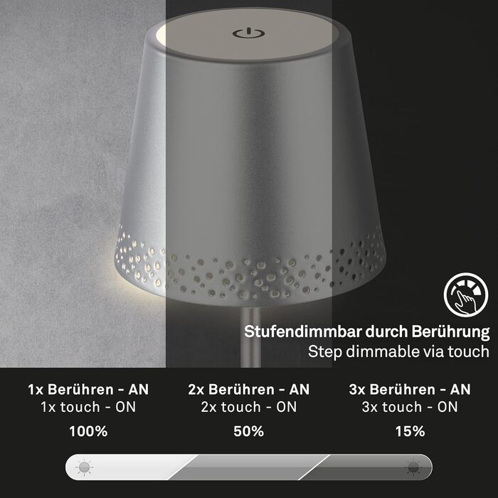 LED настільна лампа BRILONER бездротова з сенсорним керуванням, димер, регулювання висоти, для дому та кемпінгу, хром матовий, 38x12 см