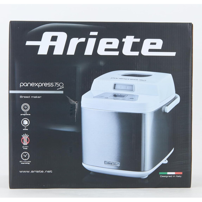 Хлібопіч Ariete 132 Panexpress 750 Metal, 19 програм, 500 г, нержавіюча сталь, для хліба, піци, випічки, замішування та закваски