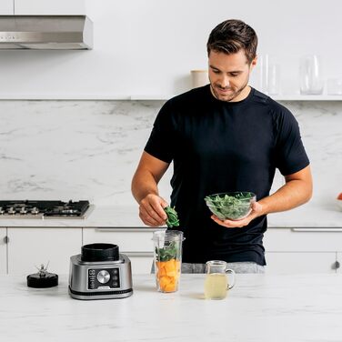 Блендер Ninja Foodi Power Nutri Mixer 3-в-1, 1200 Вт, автоматичні програми, для смузі, густих намазок і заморожених напоїв, 2,1 л глечик, 700 мл стакан і 400 мл чаша з Power-мішалкою, сріблястий, CB350EU