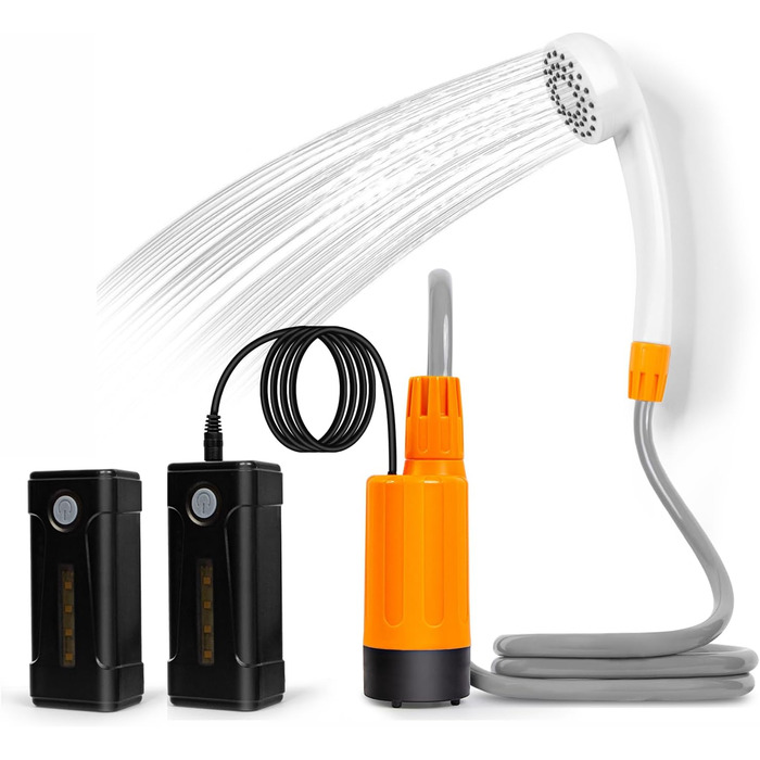 Портативний душ koopsmate для кемпінгу з LED-підсвіткою, акумулятором, дві батареї, душова насадка і шланг, для кемпінгу, саду та миття авто, помаранчевий