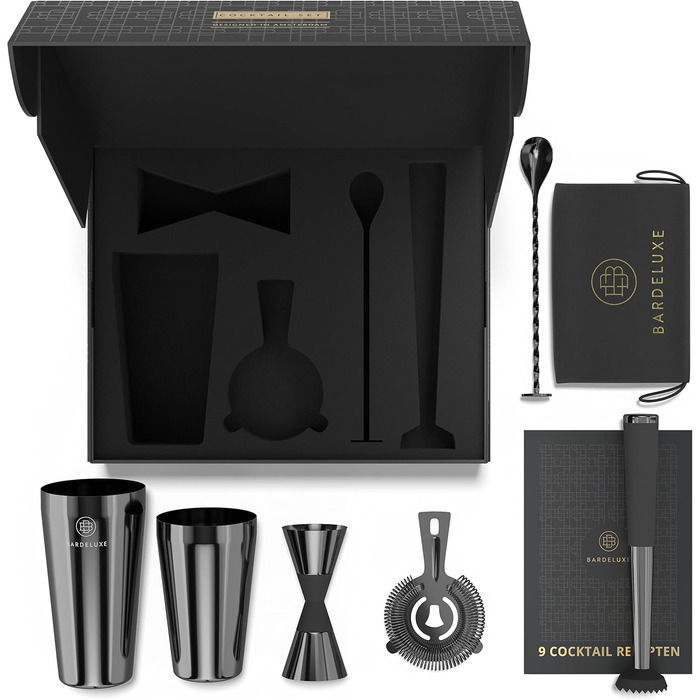 Набір бармена Boston Shaker Set BarDeluxe® 5 предметів: шейкер, аксесуари, рецепти, подарунковий набір (750 мл, нержавіюча сталь)