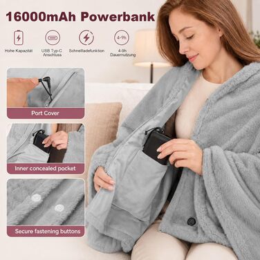 Акумуляторна електроковдра 160x90 см з Power Bank 16000mAh, фланелева грілка з 6 зонами обігріву та 3 рівнями температури, USB електрична тепла ковдра для подорожей, кемпінгу та офісу (Сіра)