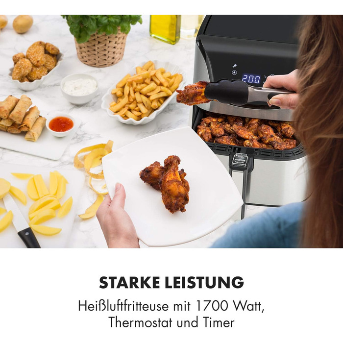 Аерофритюрниця Klarstein Aero Vital Deluxe, 1700 Вт, 5,4 л, з LCD-дисплеєм, 8 програм, з термостатом і таймером, нержавіюча сталь, срібляста, економна