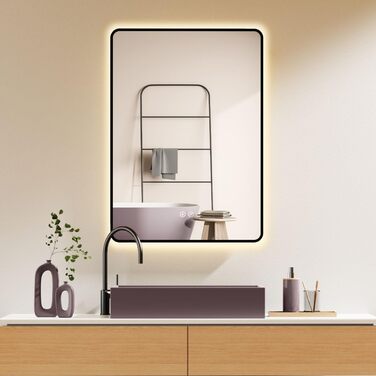 Дзеркало для ванної кімнати HOKO LED Texas 60x80 см / 80x60 см з підсвіткою, підігрівом проти запотівання та чорним металевим каркасом. Можливість встановлення HOCH+QUER. Сенсорне керування, зміна кольору світла 2700-6500K (тепле біле - холодне біле - ней