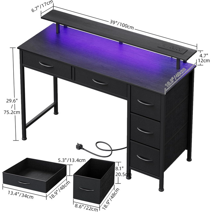 Комп'ютерний стіл MUTUN для геймерів та офісу з 5 тканинними шухлядами, LED-підсвіткою, розетками та USB-портами, підставка під монітор, рустикальний коричневий/чорний (100 см)