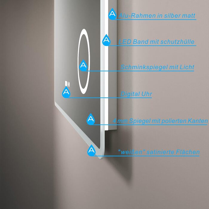 Дзеркало для ванної кімнати AQUABATOS 50x70 см з LED-підсвічуванням, сенсорним вимикачем, регулюванням температури світла (6400K), IP44, CE, енергозберігаюче. Серія Boras