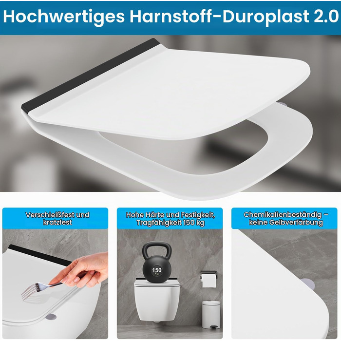 Сидіння для унітаза Q-подібне з мікроліфтом (Duroplast), біле з чорною смугою, 430×345 мм, зі швидким монтажем