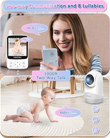 Радіоняня HelloBaby з камерою, 29 год автономії, поворотна камера 318°/120°, нічний режим, 2-сторонній зв'язок HB6240