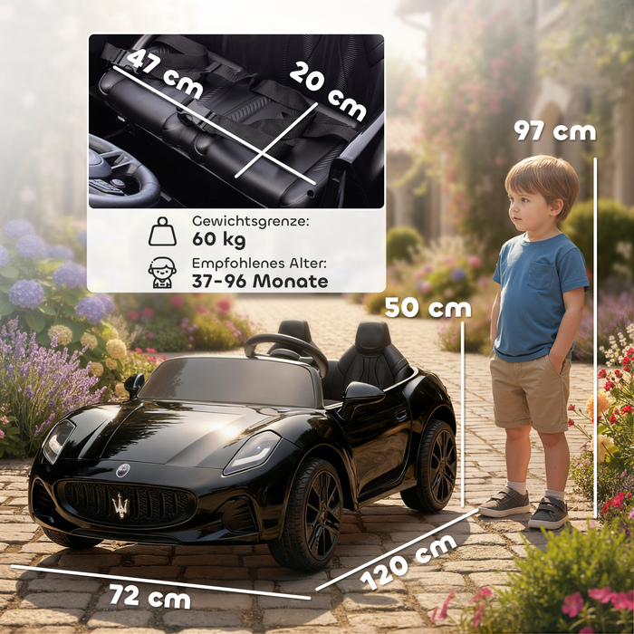 Дитячий електромобіль Maserati, 2 місця, акумулятор 12V, пульт дистанційного керування, світлодіодні фари, музична панель, чорний колір