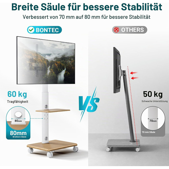Мобільний стіна-підставка для телевізора BONTEC на колесах, 32-80 дюймів, дерев'яна основа, до 60 кг, білий
