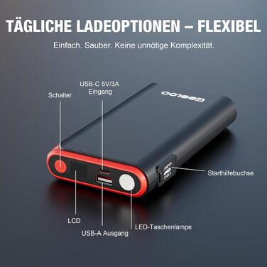 Пусковий пристрій (бустер) GOOLOO GE2000 2000A з функцією Powerbank та швидкою зарядкою USB, чорний