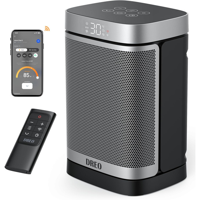 Електричний обігрівач Dreo з термостатом, 1500W, PTC кераміка, ECO-режим, таймер 12 год, захист від перегріву та перекидання, осциляція 70°, Wi-Fi, сріблястий